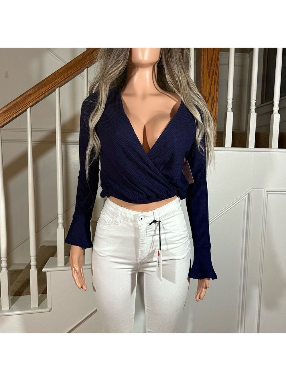 NWT blue ribbed bell sleeve knit crop top